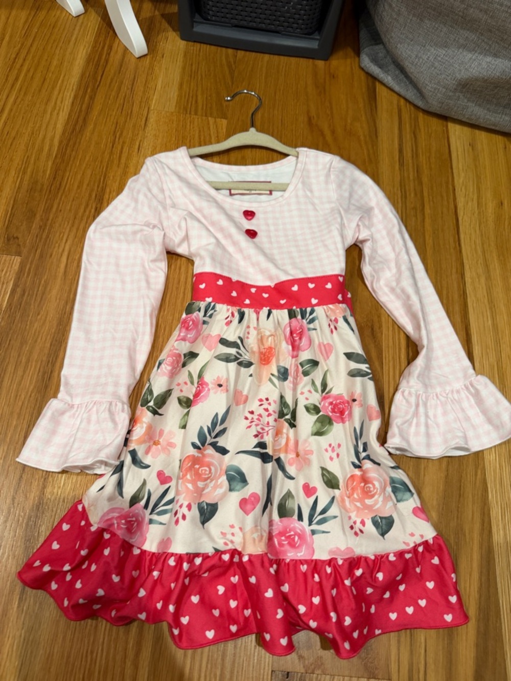 Girls Pink Floral Heart-Trim Long-Sleeve Dress